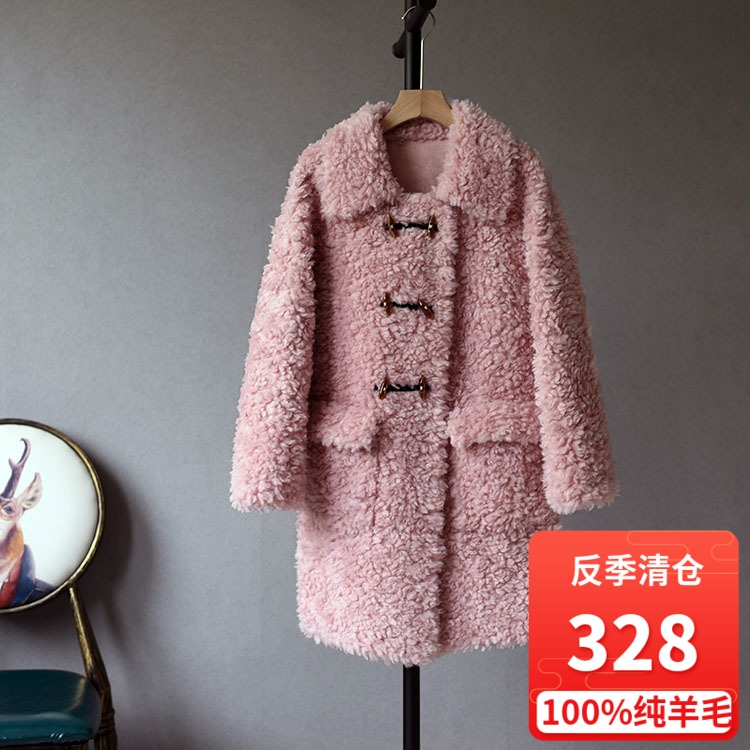 Anti-season 100% pure wool composite fur one-piece medium and long version of sheep shearing coat horn buckle lamb hair coat female
