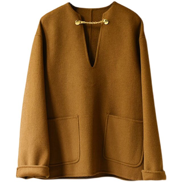 Golden chain V-neck loose cashmere pullover simple sweatshirt wool coat minimalist style women's short style ເຄື່ອງນຸ່ງຜູ້ຍິງ