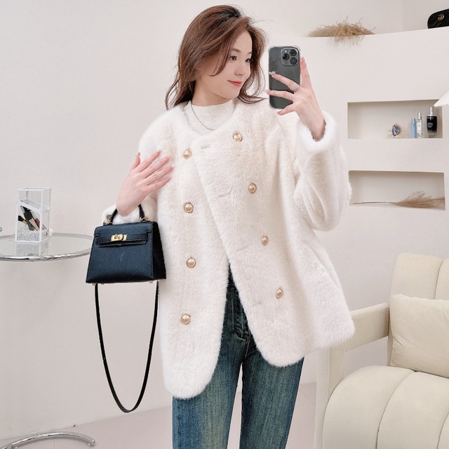 Haining's new Milan mink eco-friendly fur coat for women round neck double-breasted temperament fur one-piece coat for small people