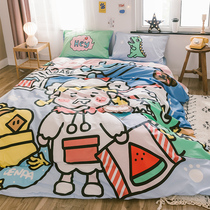 ins cartoon cotton plus flannel four-piece warm coral velvet three sets of Crystal velvet sheets quilt cover winter