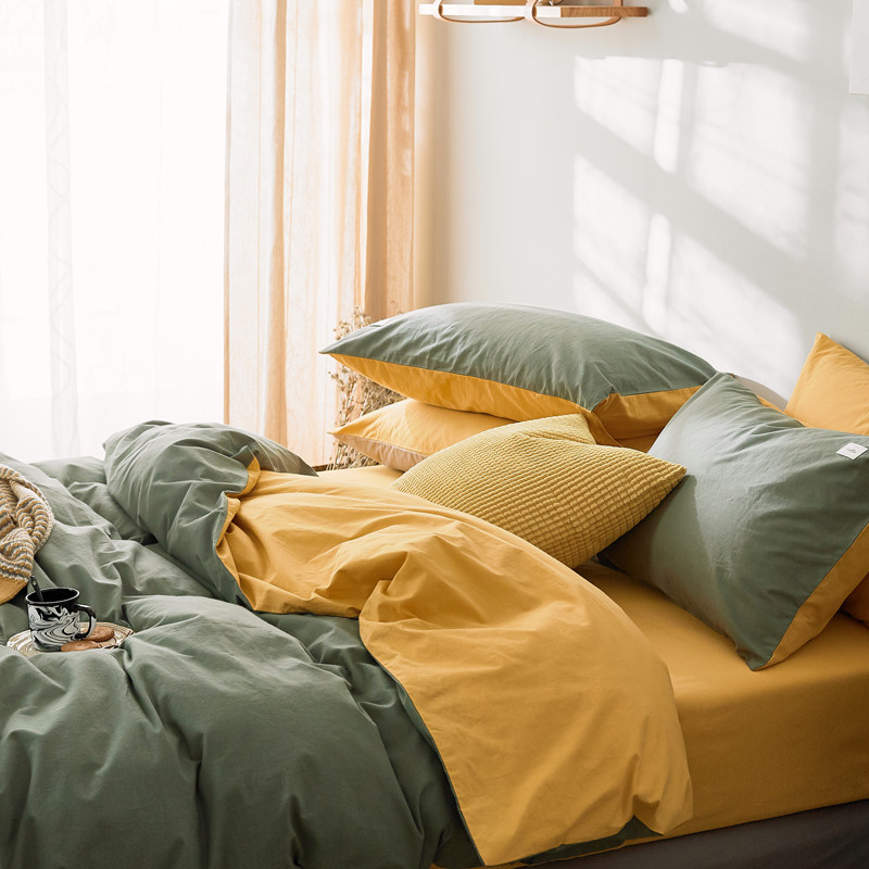 Solid color larry washed cotton four-piece set Simple Japanese style cotton bedding plaid striped cotton three-piece