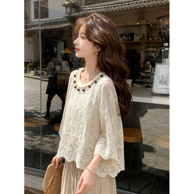 Apricot-Colored Crochet Hollow-Out Shoulder Shirt for Women, New Summer Design, Loose and Slimming Bohemian Cover-Up Top