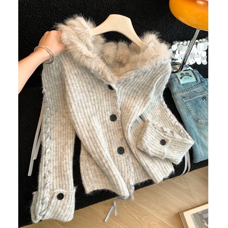 Lazy Style Faux Fox Fur Mountain Carving Striped Sweater Women's Autumn and Winter Floral Gray Soft Knit Jacket Top