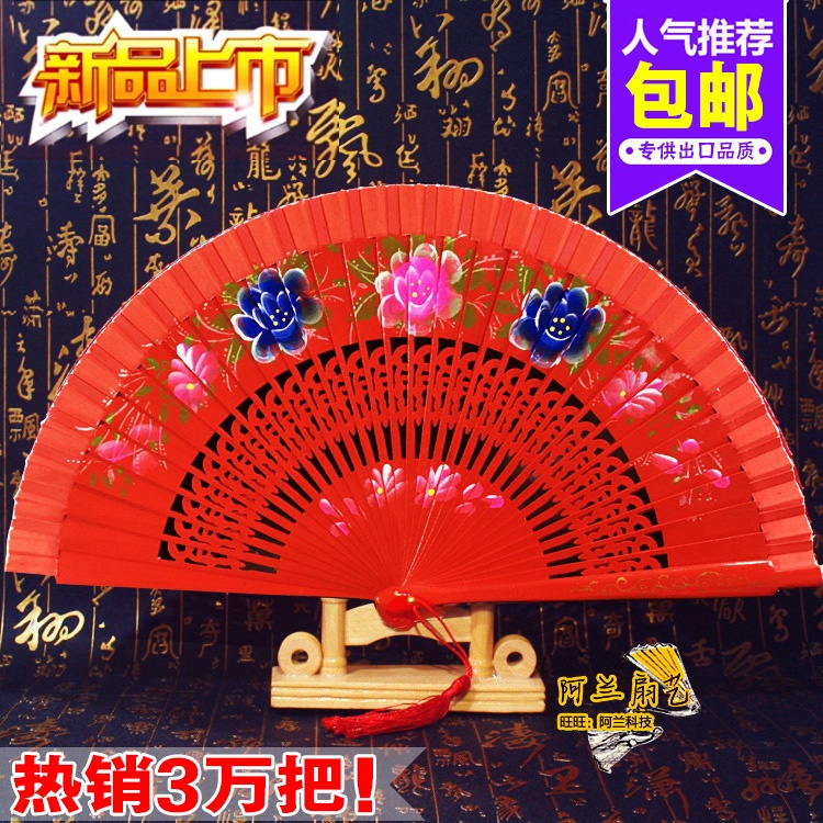 Dance fan red fan solid wood fan bone opening and closing smooth and double face fan qipao stage walk show show folding fan