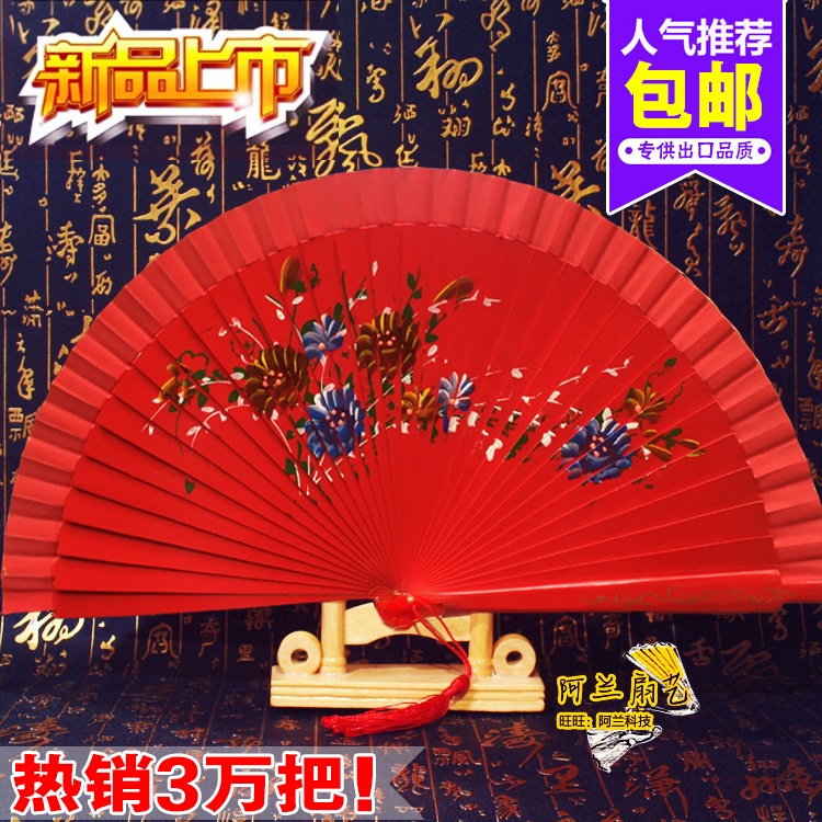 Crafts fan bifacial large red dance fan walking show Annual meeting of old age props wooden fan bone practice loud and sound