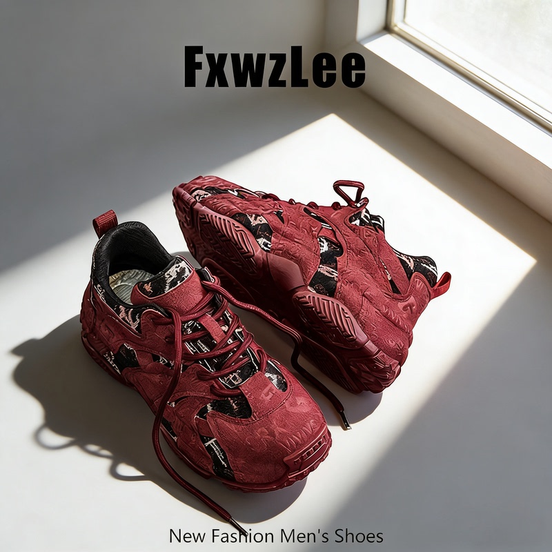 【Trendsetter Male Star】Fxwzlee2026 Spring Vibrant Wine Red Dad Shoes Men's Artistic Embroidery Casual Shoes 【Trendsetter Male Star】Fxwzlee2026 Spring Vibrant Wine Red Dad Shoes Men's Artistic Embroidery Casual Shoes