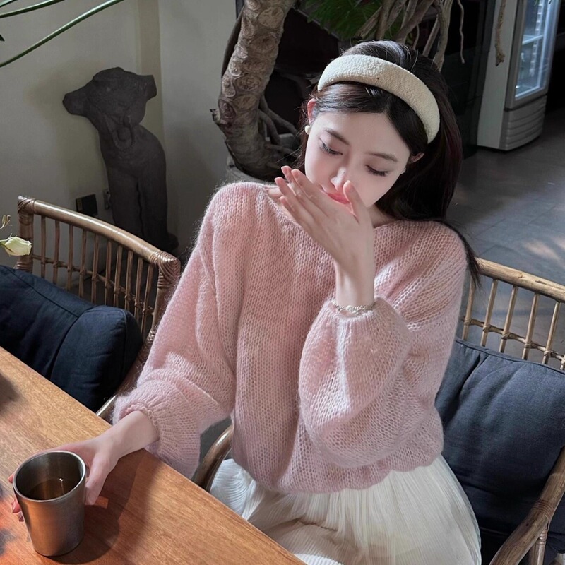 Early Autumn New Soft Pink Mohair Knit Sweater for Women 2026 Trendy Sweater Gentle Temperament Blouse Top