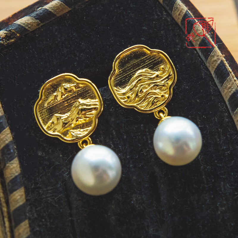 Capillian Mountain] 925 silver Mountain Sea Akoya pearl ear nail small asymmetrical mountain sea relief ear decoration