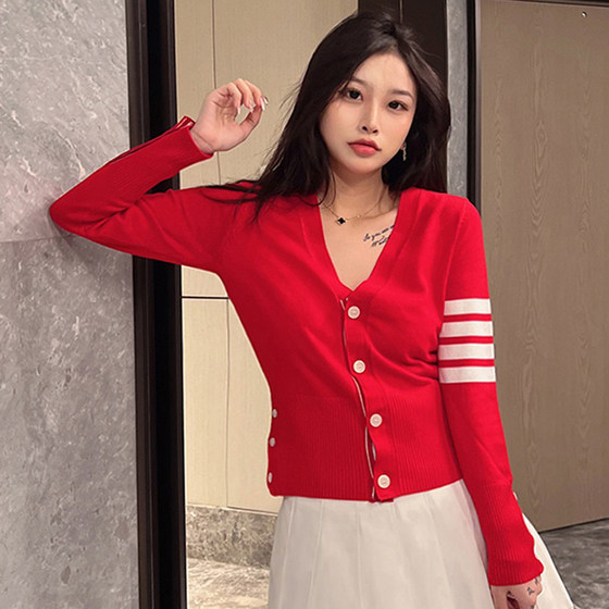 tb cardigan women's sweater short coat red slim spring early gray college style V-neck sweater 2022 tops
