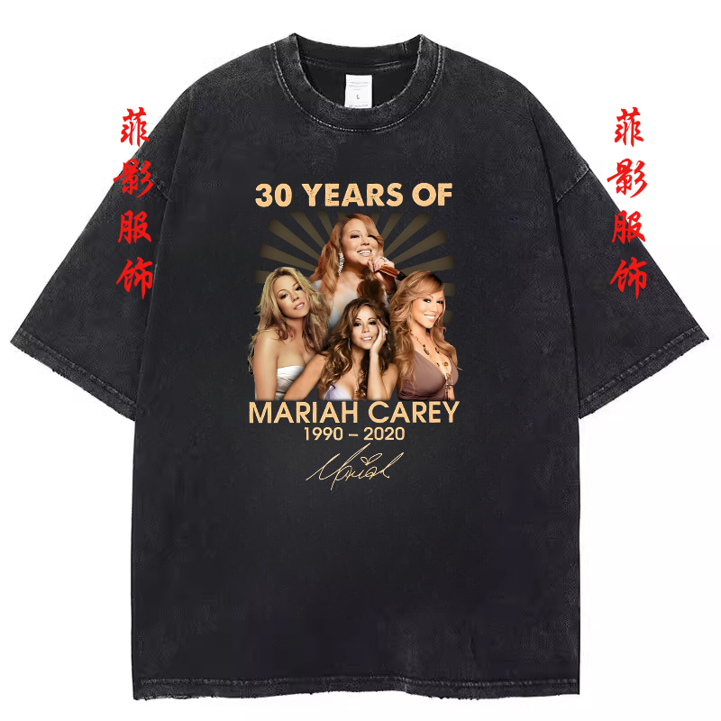 Singer Mariah Carey Retro Washed Black Short-Sleeved T-Shirt Printed Round Neck Top