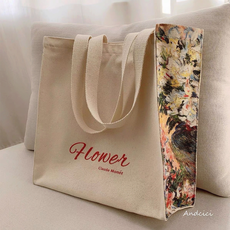 Museum of Art ~ Monet Flower oil painting canvas bag women's shoulder bag large hand shopping bag student school bag
