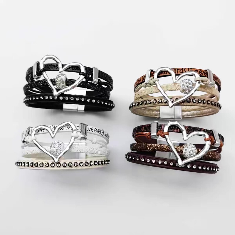 Bkp Bangkok Park "Millennium Bracelet" Bohemian Y2K Heart Multi-Layer Leather Bracelet Ring with Diamonds Western Style Bkp Bangkok Park "Millennium Bracelet" Bohemian Y2K Heart Multi-Layer Leather Bracelet Ring with Diamonds Western Style