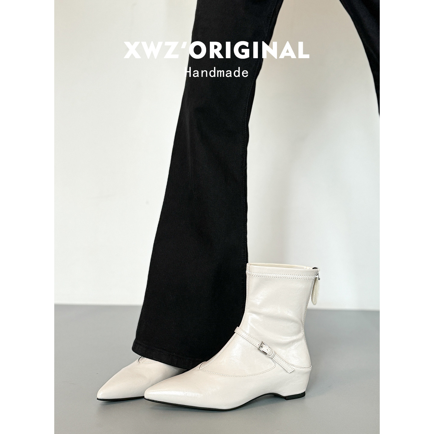Sheepskin Version~White Pointed-Toe Short Boots for Women 2026 Autumn and Winter New Style Slim Boots with Hidden Height Increase and Back Zipper Elastic Boots