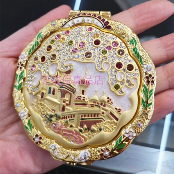 Russian small mirror round double-sided folding makeup mirror portable with beautiful inlaid water drill souvenir small gift