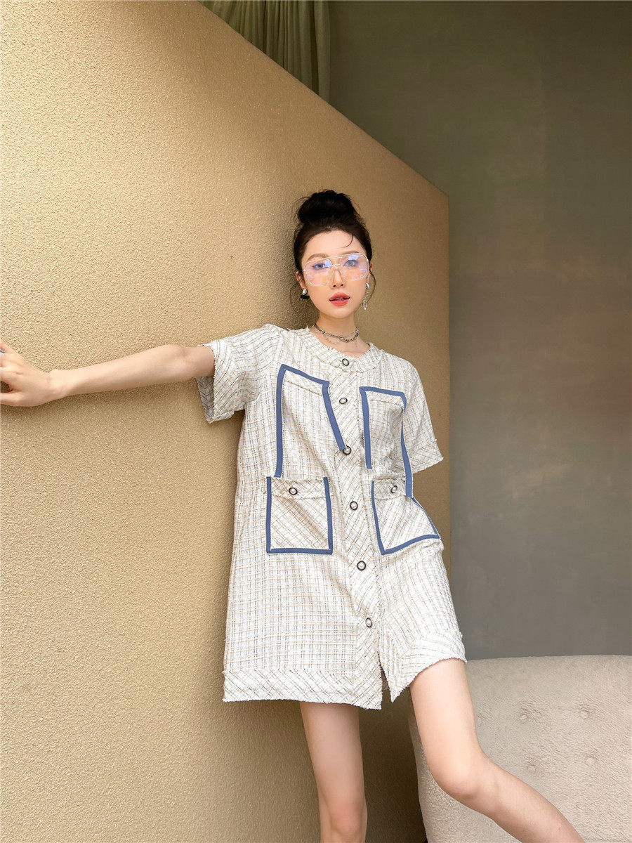 2022 Xia Xiaoxiang Houndstooth Dress Medium and Long Edition Open Line Contrast Color Celebrity Temperament Style Plaid Dress Female