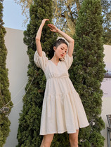 Little Skirt Fairy Super Sensen French 2022 New Summer White Bubble Sleeve V-Neck Dress Female