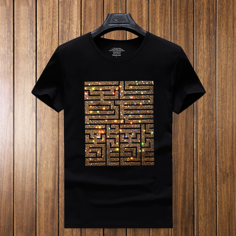 European Style Heavyweight Short-Sleeve T-Shirt for Men, Slim Fit, Plus Size, Trendy Brand, 2026 Summer Modal Cotton Rhinestone T-Shirt, Half-Sleeve