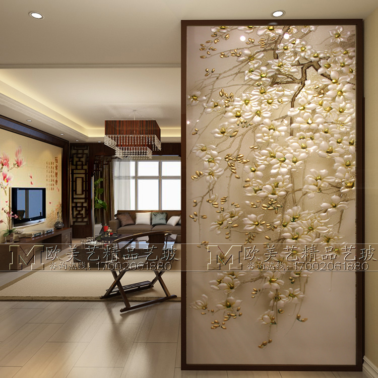 Transparent frosted transparent carving process tempered art glass porch decoration background screen partition Yushu Linfeng