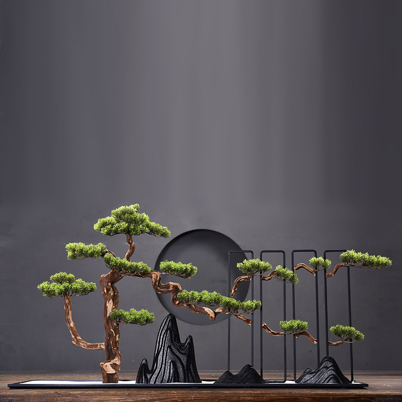 New Chinese style simulation welcome pine large screen bonsai solid wood decoration living room porch hotel Zen home accessories