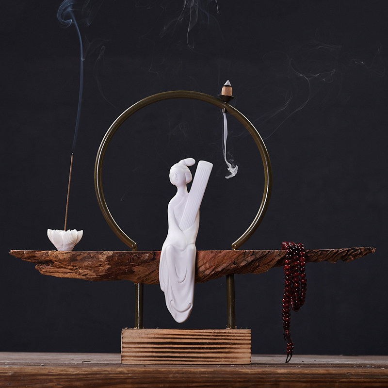 Chinese style Zen meaning back-turned incense stove pendulum pieces Sunken Sandalwood Creative Ceramics Residence Room Tea Aisle Antique weathered wood incense Incense Stove