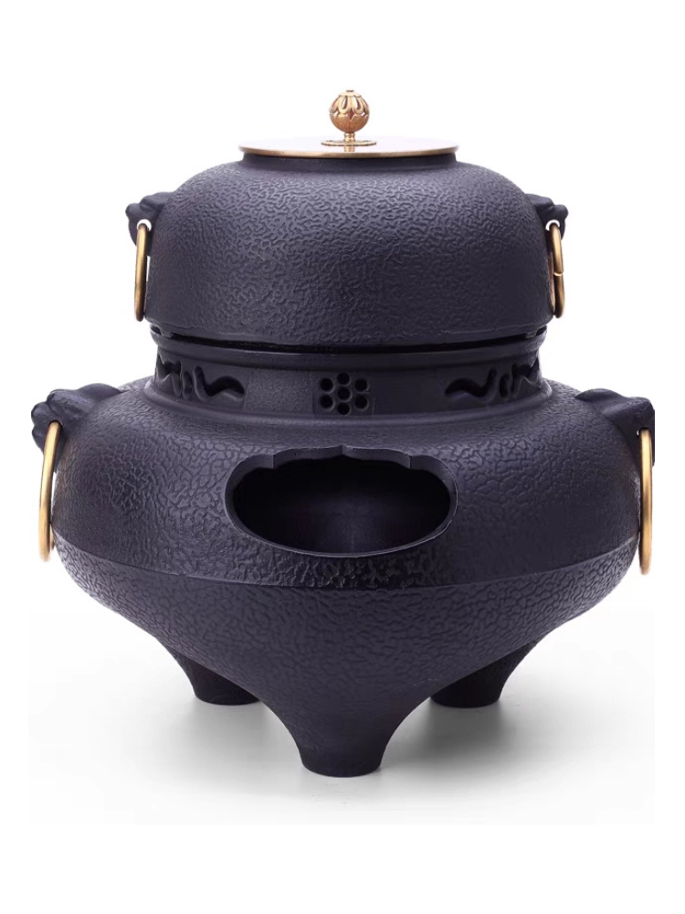 鉄鬼面風炉 茶釜 幅32×奥行30×高さ35cm 風炉・茶釜セット 敷瓦付き