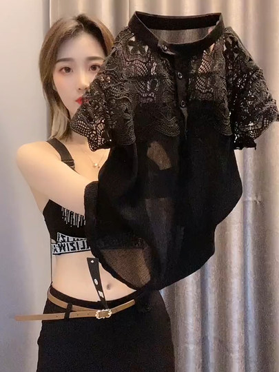 Short sleeve women's chiffon shirt to cover belly black shirt