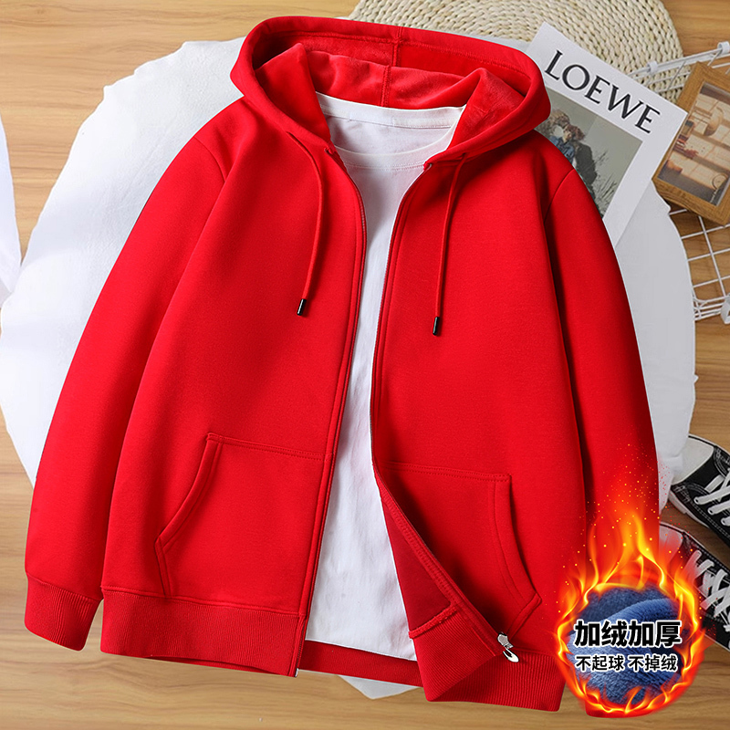 Bright Red Pure Cotton Hooded Zip-Up Sweatshirt, Loose Fit, Sporty Casual Hoodie, Fleece-Lined and Thickened, for the Year of Birth