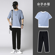 (Set) Muzi little brother short sleeve male summer solid color fake Two T-shirt ins trend wild loose half sleeve