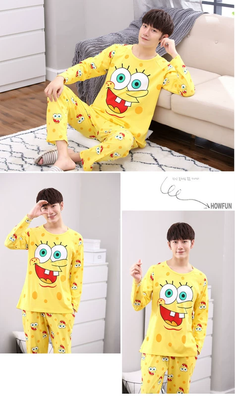 Bộ đồ ngủ mỏng cho nam dài tay cotton mùa xuân và mùa thu hoạt hình thanh niên cotton phục vụ nhà cộng với phân bón XL mùa đông