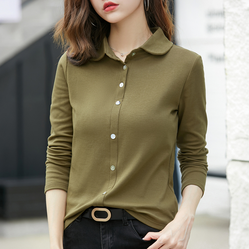 Pure Cotton Long-Sleeved T-Shirt for Women 2026 New Spring and Autumn Loose Large Size Stretch Shirt Polo Collar Base Shirt