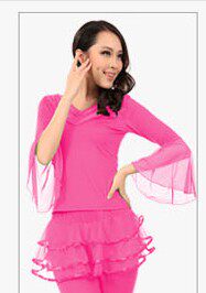 Square dance costumes spring and summer new collection cashew lace trumpeter long sleeve blouses female Latin dance dress rehearsary blouses