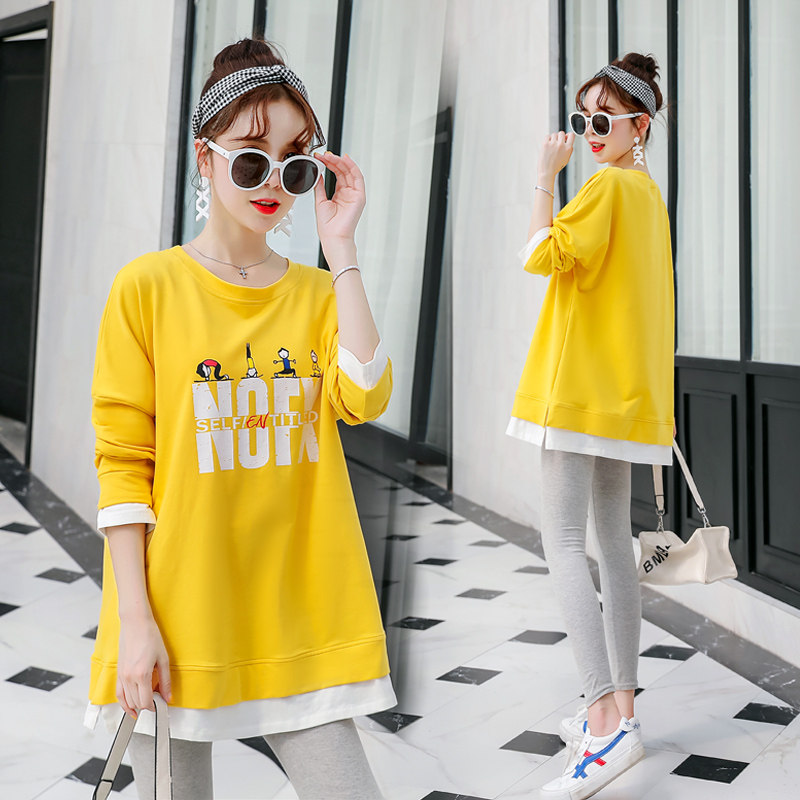 Pregnant women autumn top Long sleeve T-shirt loose medium and long version of the fashion suit spring and autumn Korean version of the dress