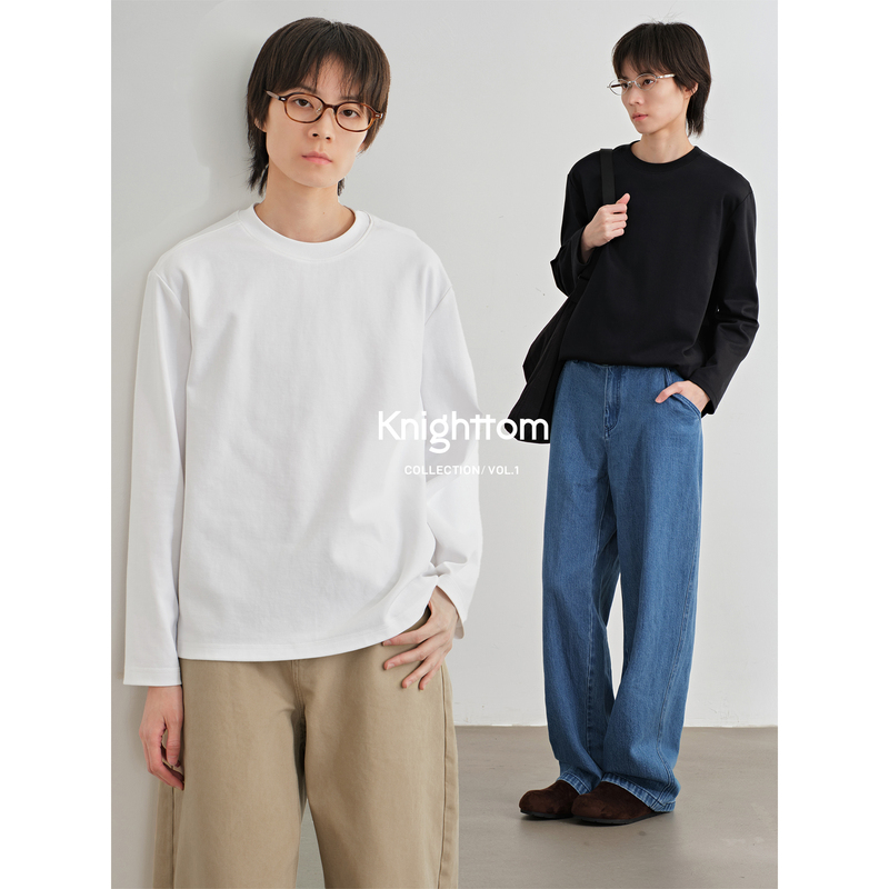 Knighttom【Floating Style】Spring and Autumn Basic Silhouette Long Sleeve T-Shirt Solid Color Round Neck Base Shirt Kt5112