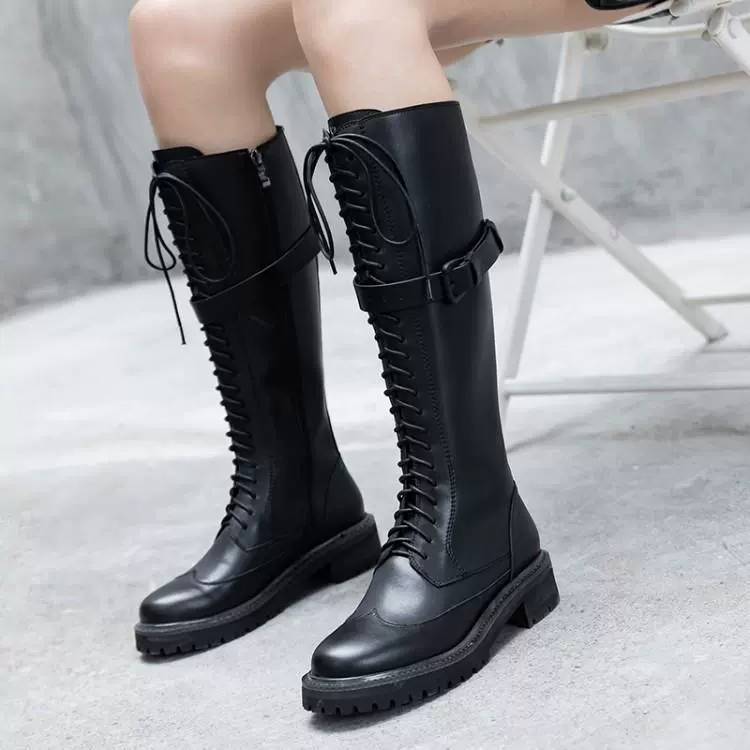 Mùa thu và mùa đông Âu Mỹ giày nữ có ren bằng sáng chế da sáng màu da cao gót thấp ống cao gót Martin boots hiệp sĩ giày da nữ giày ống TLDS - Kính đeo mắt kính