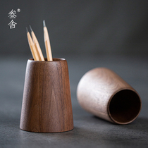 Three-house solid wood containing cylinder Venehouse supplies student desk day style black walnuts log pendulum with wooden round pen holder