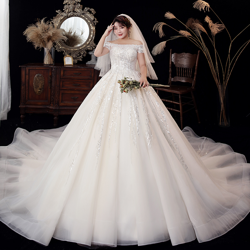 Large size wedding dress 2021 new bride temperament trailing luxury fat sister mm 200 pounds plus fat plus thin