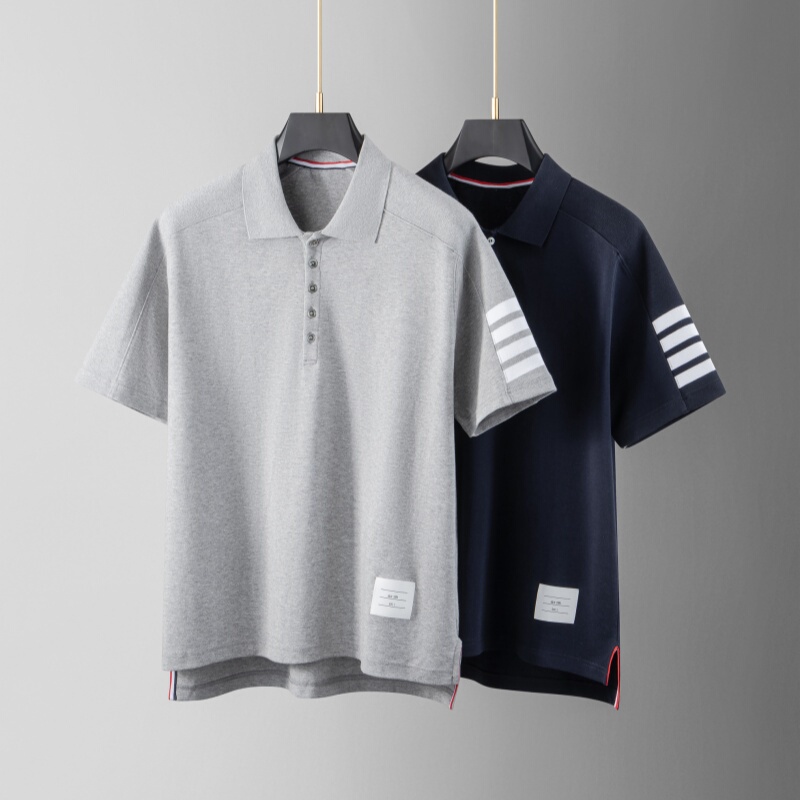 Tb Trendy Brand Shoulder Ribbed Four-Stripe Lapel Polo Shirt T-Shirt Striped Pure Cotton Loose Casual Sports Short-Sleeve