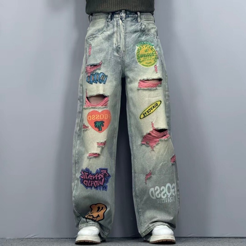 2026 Summer New Vintage High Street Style Personality Ripped Graffiti Print Loose Fit Scimitar Jeans Wide-Leg Pants Long Pants 2026 Summer New Vintage High Street Style Personality Ripped Graffiti Print Loose Fit Scimitar Jeans Wide-Leg Pants Long Pants