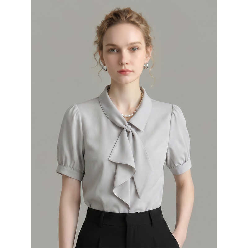 Gray Bow-Tie Satin Shirt for Women, Summer Work Wear, Elegant, Slimming, Lapel, Puff Sleeves, Short-Sleeved, Versatile Top