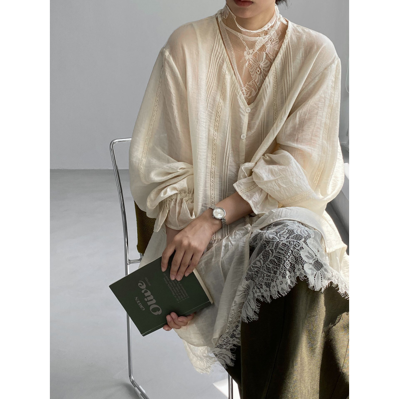 Korean-Style Atmospheric Two-Piece Shirt Dress for Women, New Autumn Style, Tencel Puff Sleeves, Lace Half-High Collar, Inner Wear Set