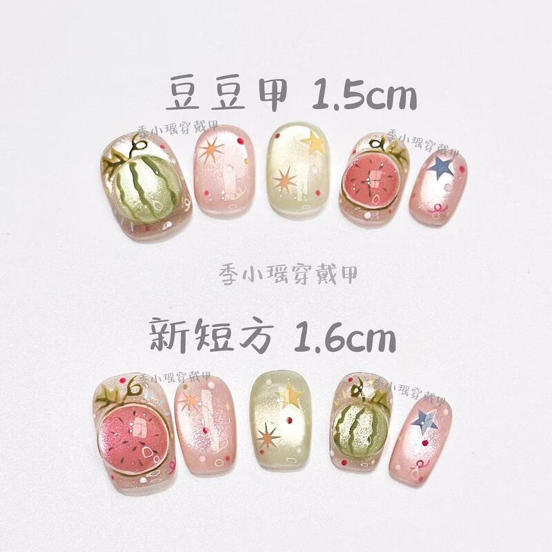 [Iced Watermelon] Handcrafted 3D Watermelon Nail Art, Hydrating and Clear, Cat Eye, Summer, Purely Handmade, Wearable Nails, Brightening Manicure