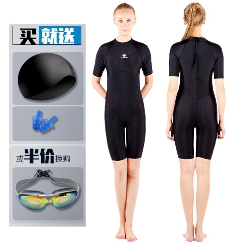 Professional one-piece swimsuit women's short-sleeved conservative slimming belly cover competition training exam students large size quick-drying swimwear