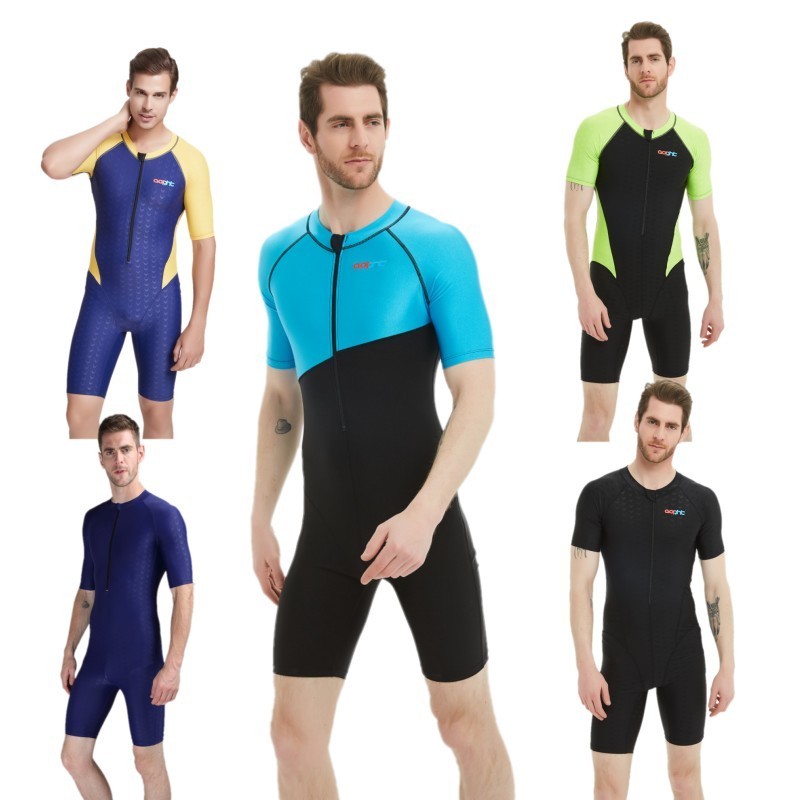 Men's Short Sleeve One-Piece Swimsuit Boxer Pants Professional Large Size Swimsuit Swim Trunks Sunscreen Quick Dry Swimming Suit Men