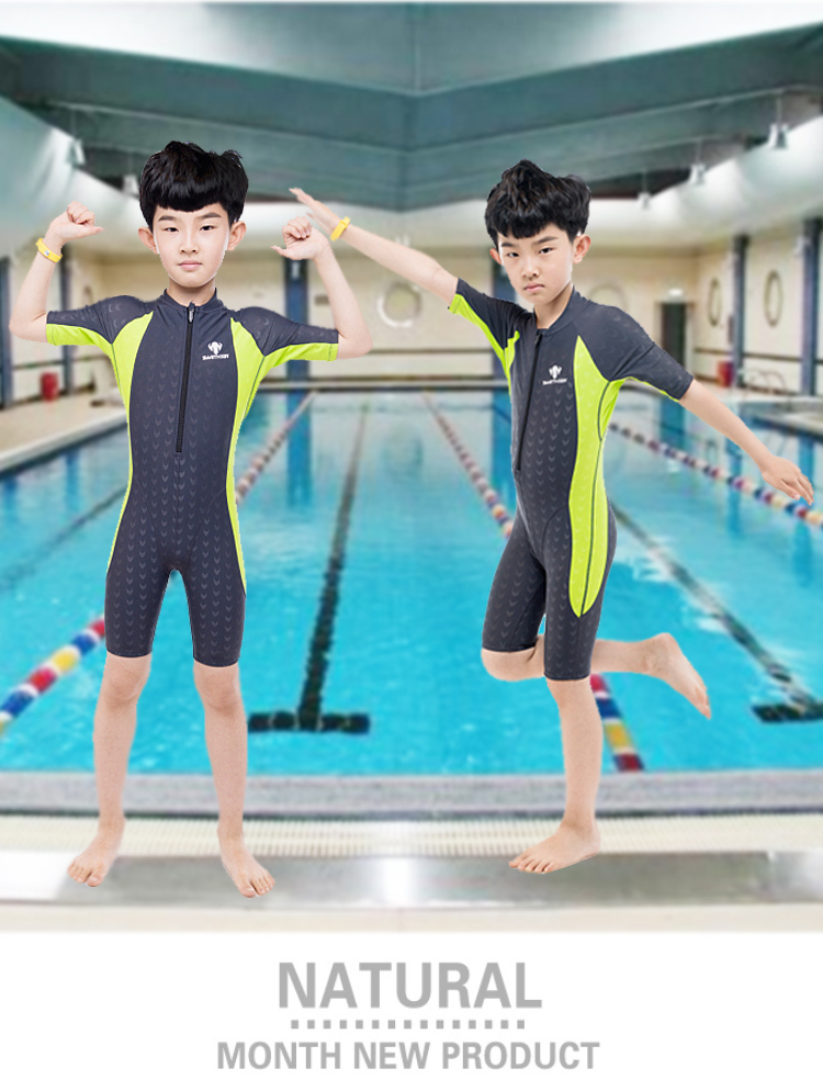 Authentic boy boy một mảnh áo tắm cô gái boxer ngắn tay nhanh khô da cá mập đào tạo trẻ em thi bơi - Bộ đồ bơi của Kid đồ bơi trẻ em