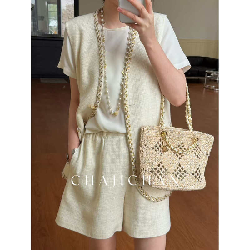White Tea Manor Elegant and Sophisticated Australian Wool Blend Old Money Style Chanel-Inspired Vest/Shorts Set