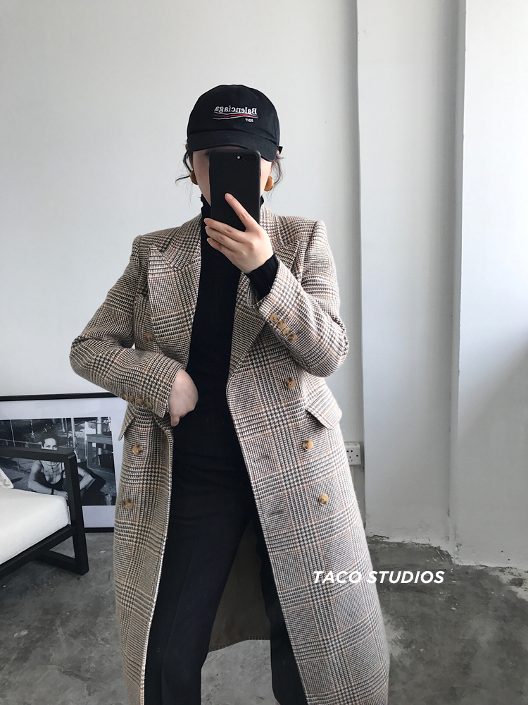 TACO Camel Houndstooth kiểm tra mỏng đôi ngực phù hợp với thắt lưng áo khoác dài áo khoác nữ dáng dài