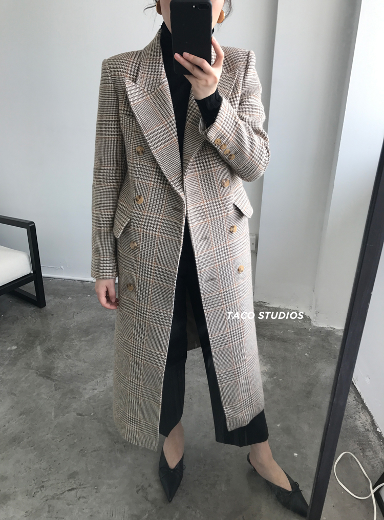 TACO Camel Houndstooth kiểm tra mỏng đôi ngực phù hợp với thắt lưng áo khoác dài áo khoác nữ dáng dài