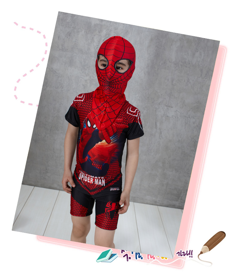 Spiderman phim hoạt hình trẻ em đồ bơi cậu bé nhỏ trung học lớn con nửa tay áo một mảnh boxer kem chống nắng đồ bơi với mũ bơi đồ bơi bé trai