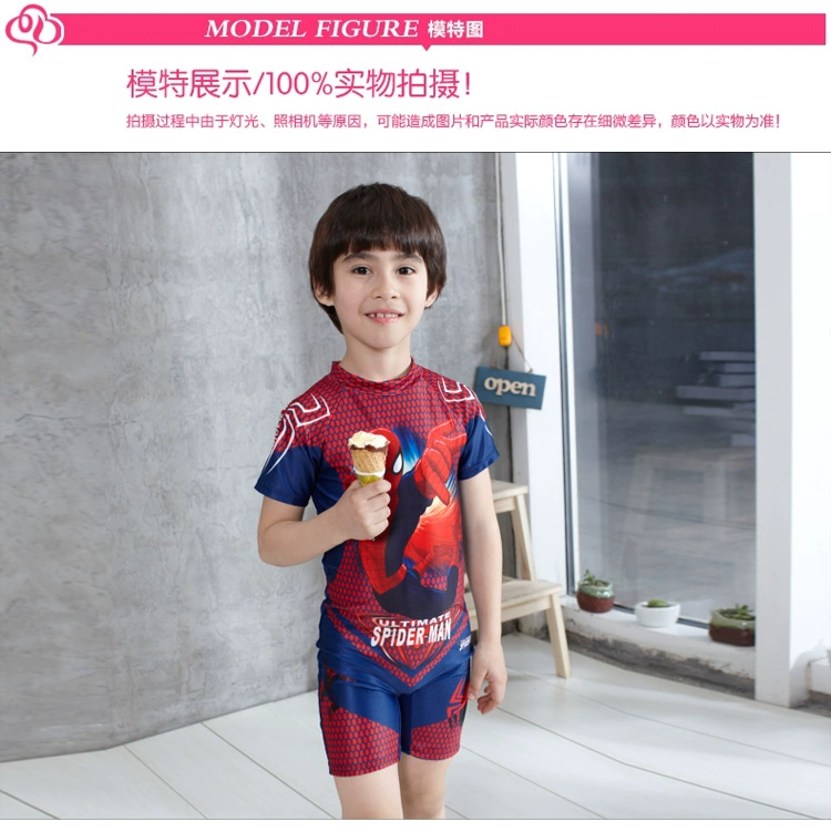 Spiderman phim hoạt hình trẻ em đồ bơi cậu bé nhỏ trung học lớn con nửa tay áo một mảnh boxer kem chống nắng đồ bơi với mũ bơi