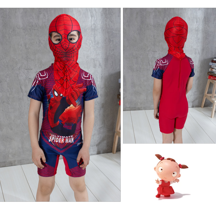 Spiderman phim hoạt hình trẻ em đồ bơi cậu bé nhỏ trung học lớn con nửa tay áo một mảnh boxer kem chống nắng đồ bơi với mũ bơi đồ bơi bé trai